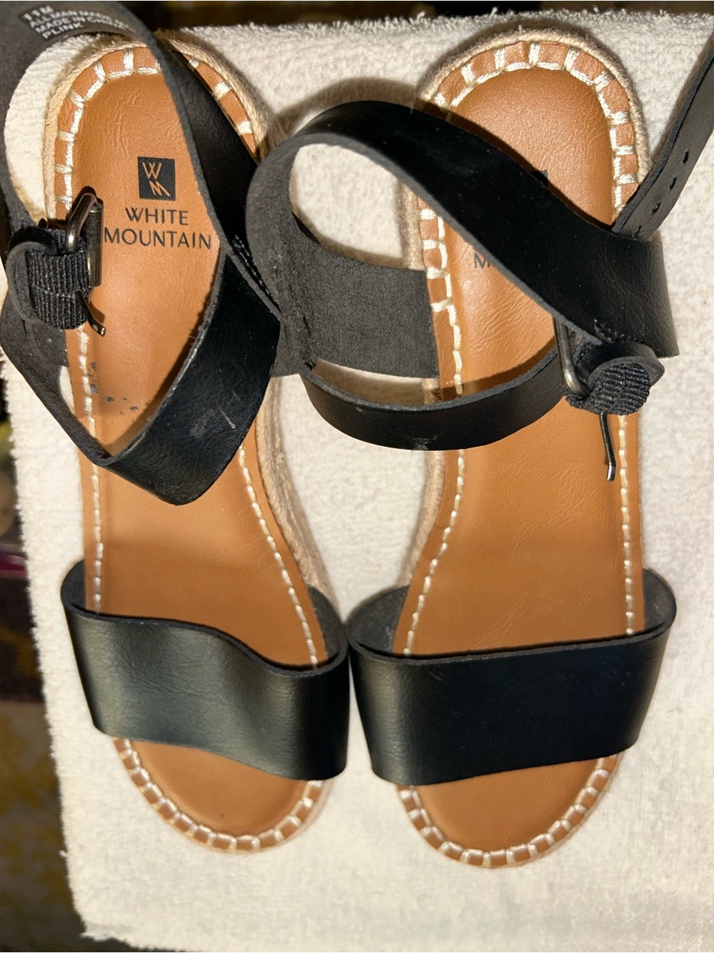 White Mountain Black Leather Platform Ankle-Strap Sandals